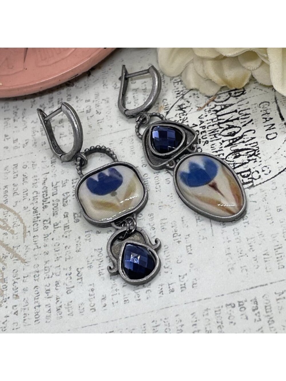 Tulip Pewter Bohemian Fancy Blue earrings Western Southwest Cowgirl Boho Large